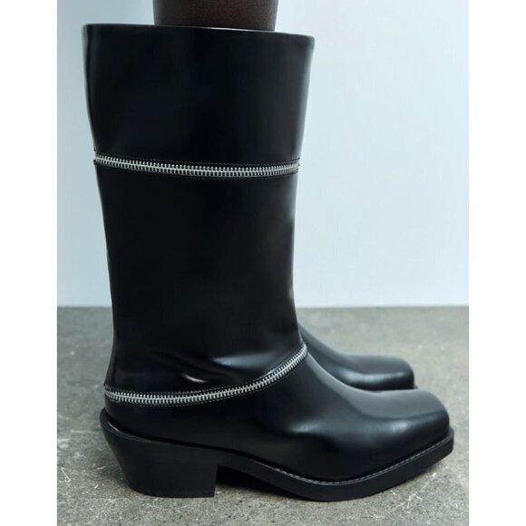 NWT Zara Black ZIPPERED LEATHER Mid Calf Boots 6 - Picture 2 of 5
